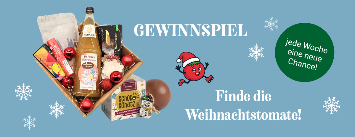 KI generiert: Ein Geschenkpaket mit Lebensmitteln und der Text "GEWINNSPIEL Finde die Weihnachtstomate!".