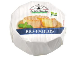 KI generiert: Eine Verpackung mit der Aufschrift "BIO-PAULUS" und einem Bild von Käse. Oben das Logo "Schlierbacher".