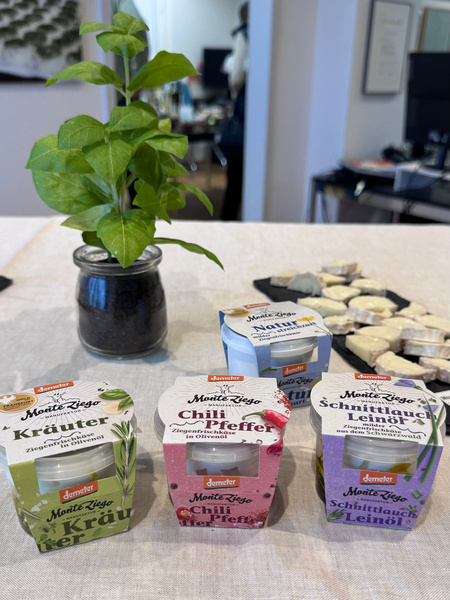 KI generiert: Vier Sorten Ziegenfrischkäse von Monte Ziego auf einem Tisch mit einer kleinen Pflanze.