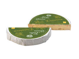 KI generiert: Auf dem Bild sind zwei Käselaibe abgebildet, einer ganz und der andere aufgeschnitten. Beide tragen ein Etikett mit der Aufschrift "Gouda".