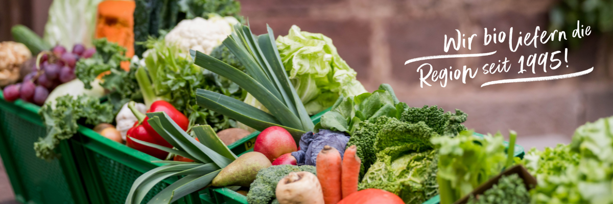 KI generiert: Das Bild zeigt eine Person, die einen Korb mit frischem Obst und Gemüse hält. Daneben befindet sich der Text "Wir bio liefern die Region seit 1995" und ein Hinweis auf das 30-jährige Jubiläum.