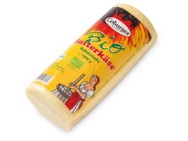 KI generiert: Das Bild zeigt eine Packung Coburger Bio Butterkäse. Text: "Coburger Bio Butterkäse Rahmstufe 1000 g".