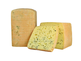 KI generiert: Auf dem Bild sind zwei Käselaibe abgebildet, einer ganz und der andere aufgeschnitten. Beide tragen ein Etikett mit der Aufschrift "Gouda".