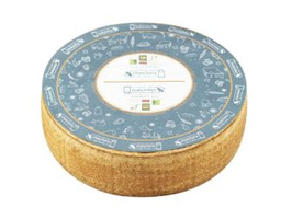 KI generiert: Ein ganzer runder Käselaib mit blauem Etikett. Text: "Mutschli", "Bio".