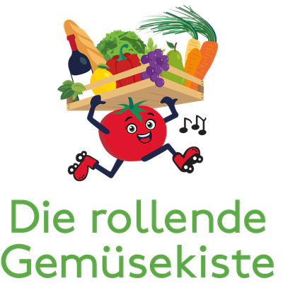 KI generiert: Eine lächelnde Tomate trägt eine Kiste mit Lebensmitteln. Text: "Die rollende Gemüsekiste".