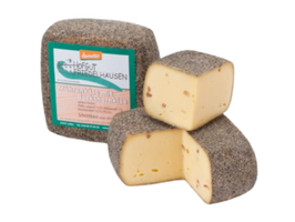 KI generiert: Ein Laib Käse, angeschnitten, mit Etikett: "Hofgut Krekelhausen, Möhrit mit Bockshornklee, Schnittkäse aus Kuhmilch".